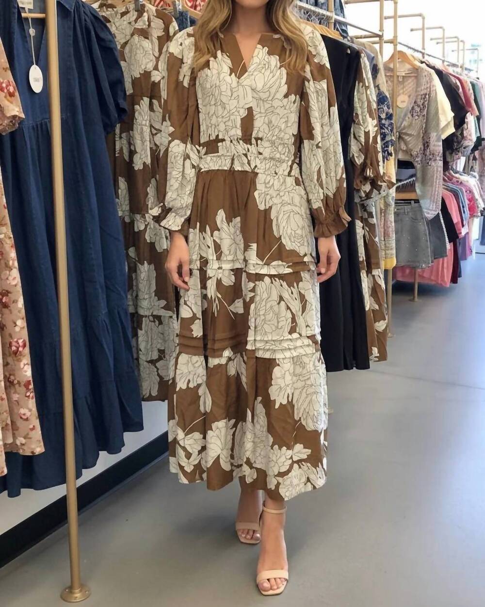 NEW SHE + SKY women's sleeve pintuck tiered floral print woven midi dress in whi